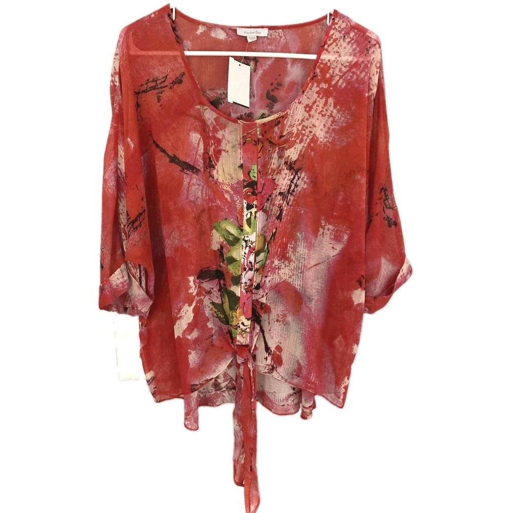 Harlow Zee Tunic Top Women 1X Red Floral Sheer Dolman 3/4 Sleeve Hi Low Tie NWT